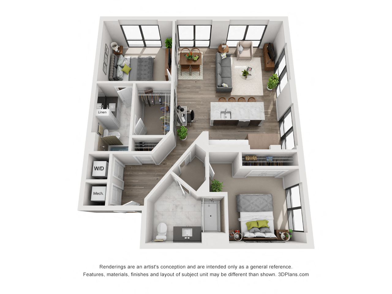 Floor plan for 2 beds, 2 baths, 1039 sqft